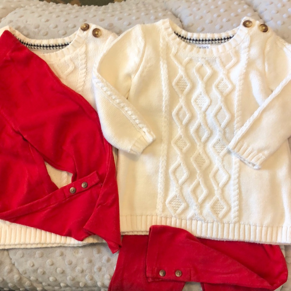 Twins? Matching Cream Sweaters and Red Pants